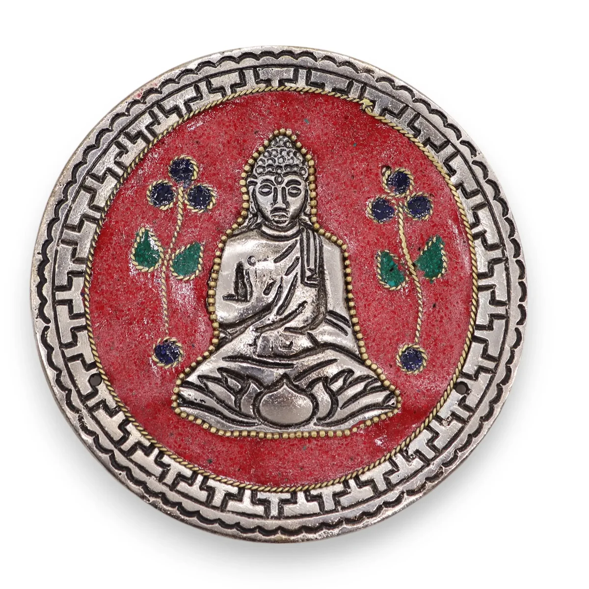 Red incense holder featuring a Buddha design, used for holding incense sticks during meditation or relaxation.