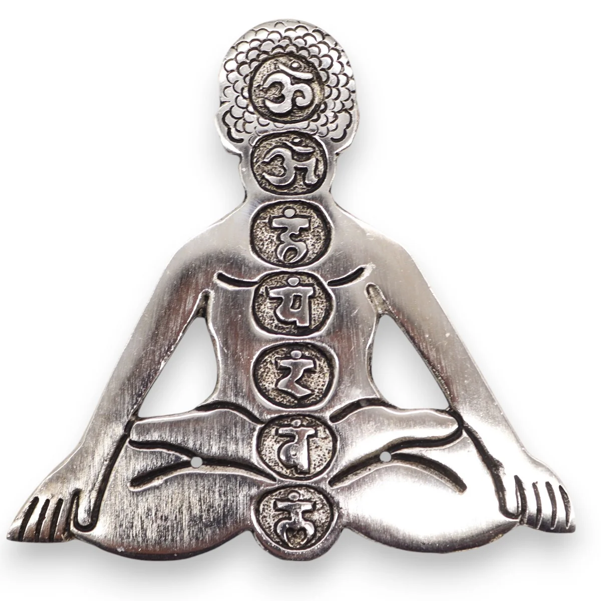 Polished aluminum seven chakra incense holder with engraved chakra symbols for yoga and meditation practice