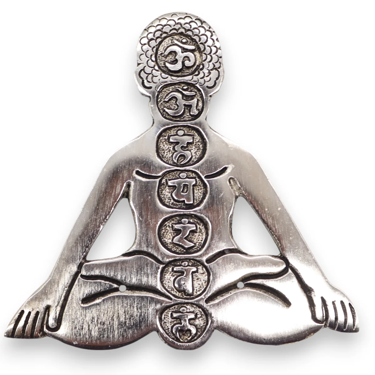 Polished aluminum seven chakra yoga incense burner with detailed chakra symbols on a sleek holder surface