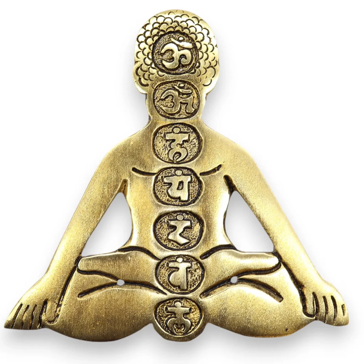Gold aluminum seven chakra yoga gold incense holder with engraved chakra symbols on a rectangular base