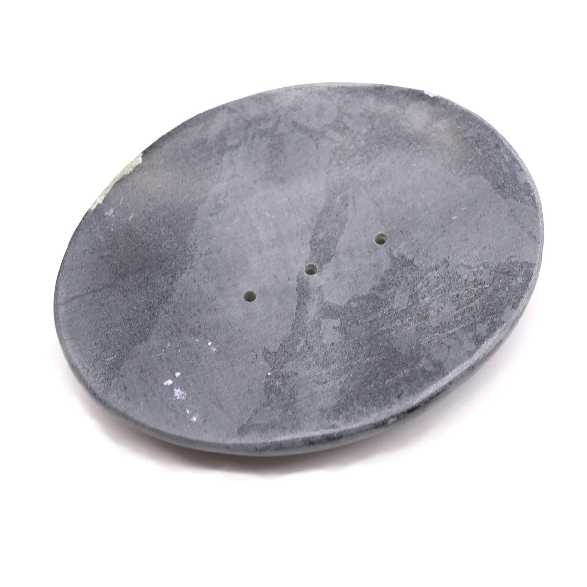 Classic oval soap dish made from grey soapstone, measuring 10x12cm, displayed on a white background