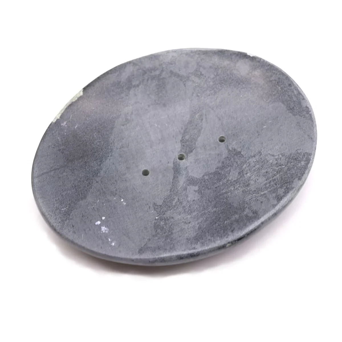 Classic oval grey soapstone bathroom soap holder measuring 10x12cm on a white background