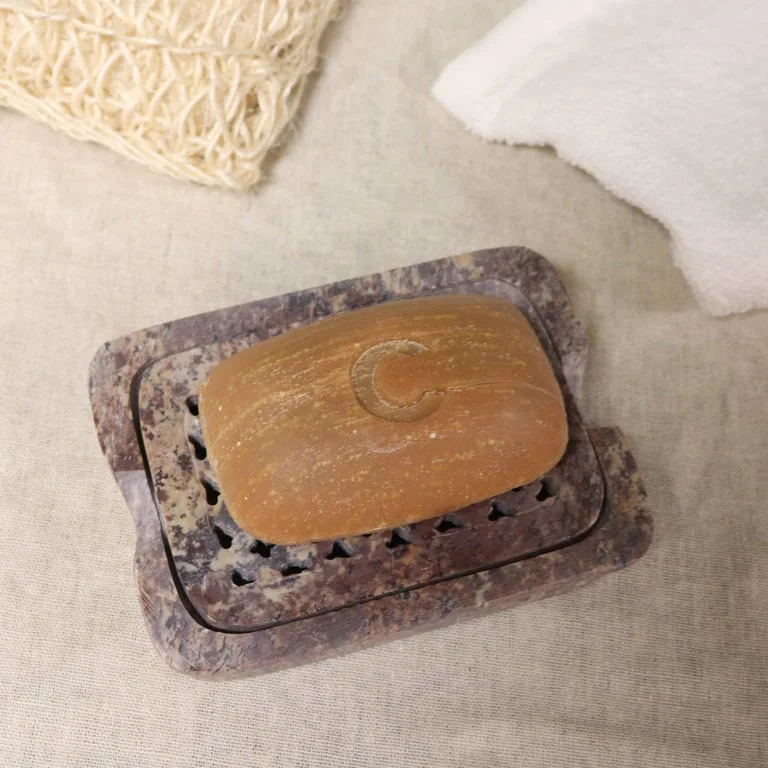Square soapstone soap dish, 11x8 cm, classic square design.