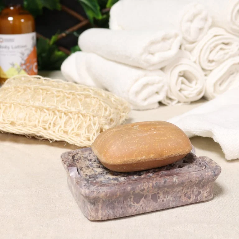 Classic square soapstone soap dish, 11x8 cm, smooth glazed surface, serving as soap drainer.