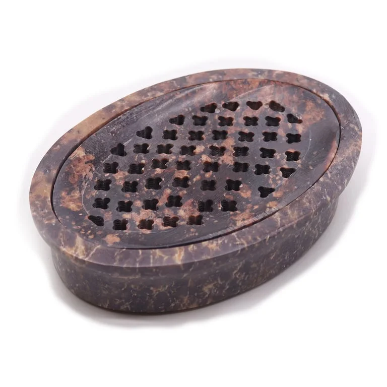 Classic oval soapstone soap dish and drainer measuring 11x8cm, smooth finish for bathroom or kitchen use