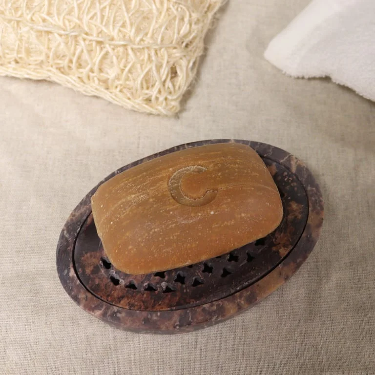 Classic oval soapstone soap dish and drainer 11x8cm soapstone bathroom accessory on white background