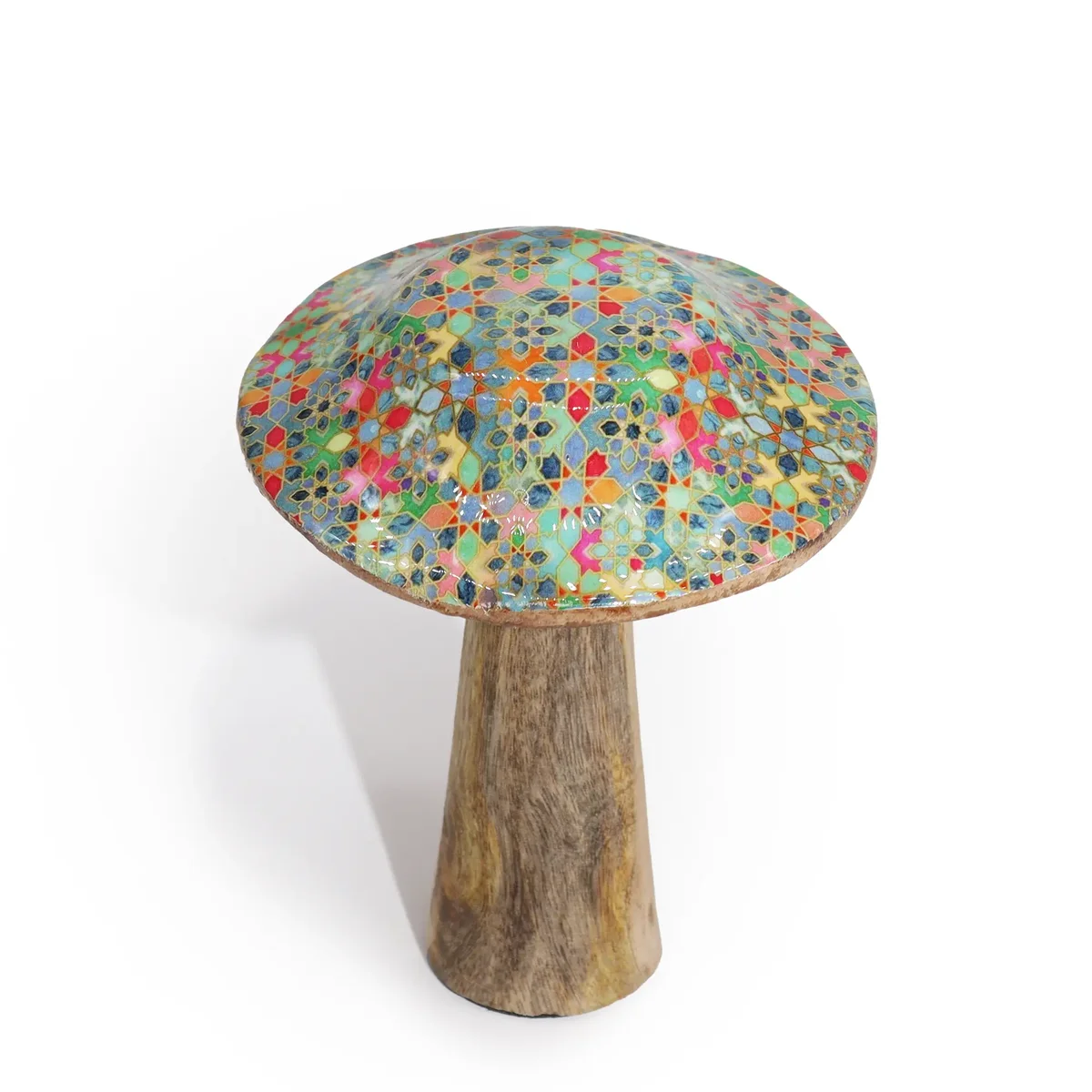 Small wooden mushroom featuring a Mediterranean tile pattern on its rounded cap against a plain background