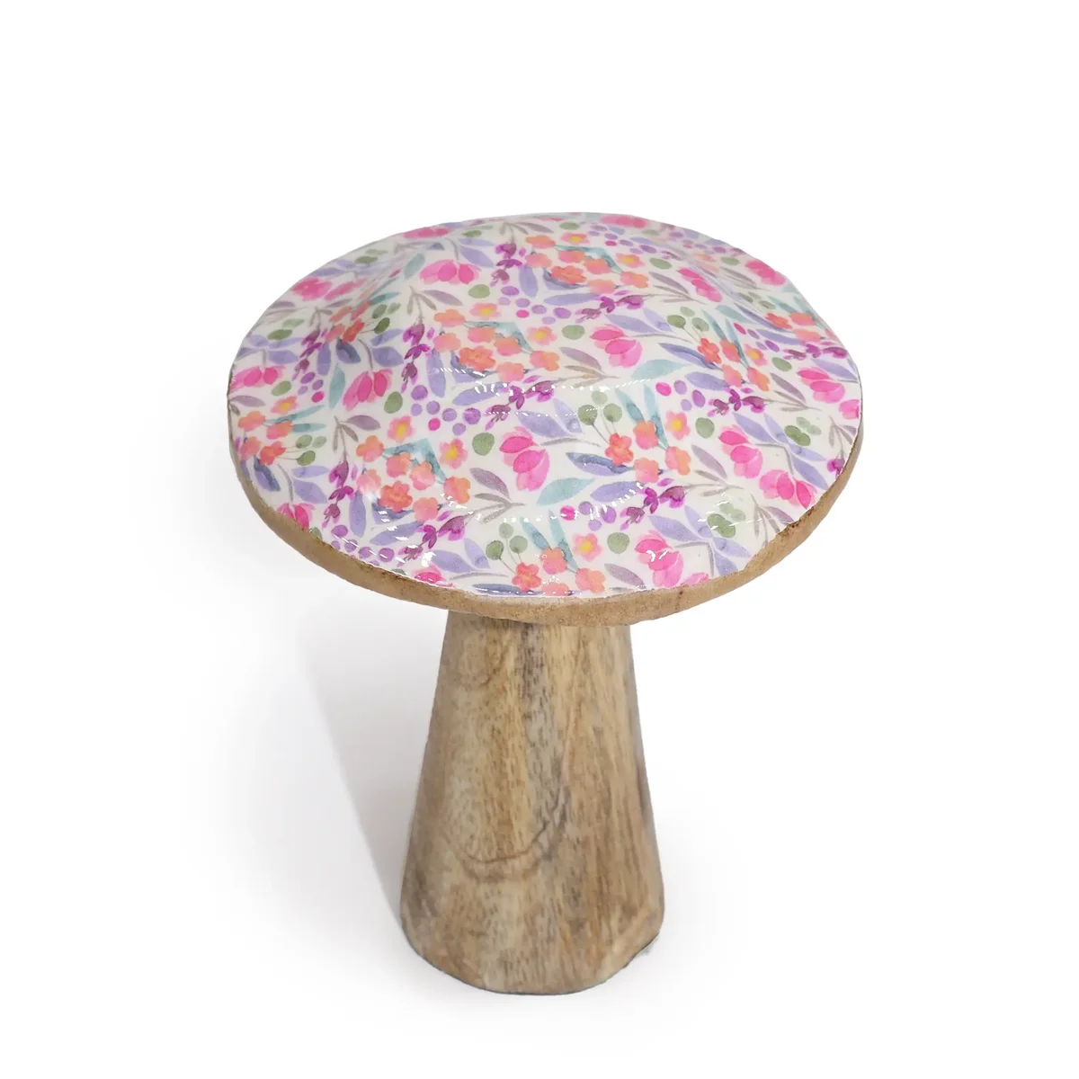 Small wooden mushroom ornament with a pretty floral design on its cap, ideal for decorative use.