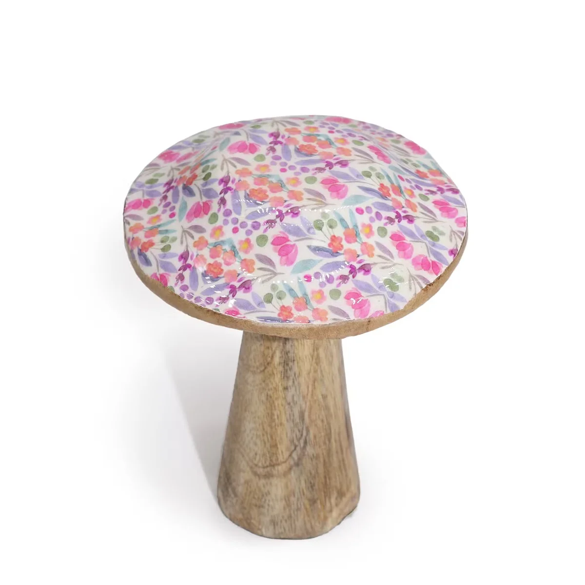 Small wooden mushroom with pretty floral design, ideal wooden home decor for adding charm to any space
