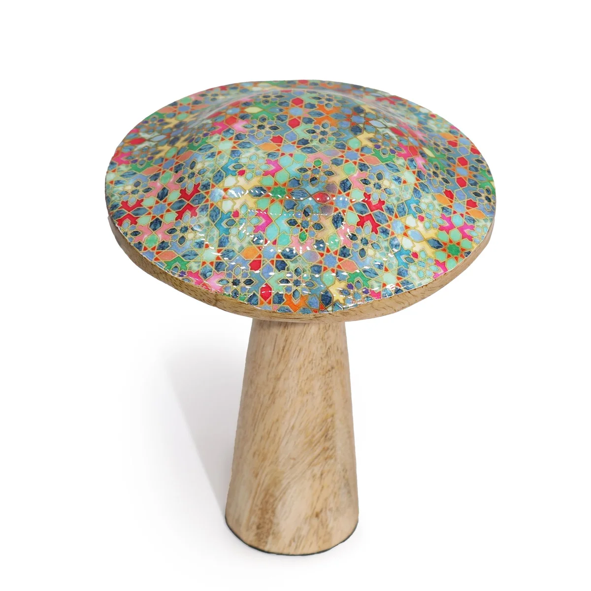 Wooden mushroom ornament with Mediterranean tile pattern in warm brown tones on smooth surface