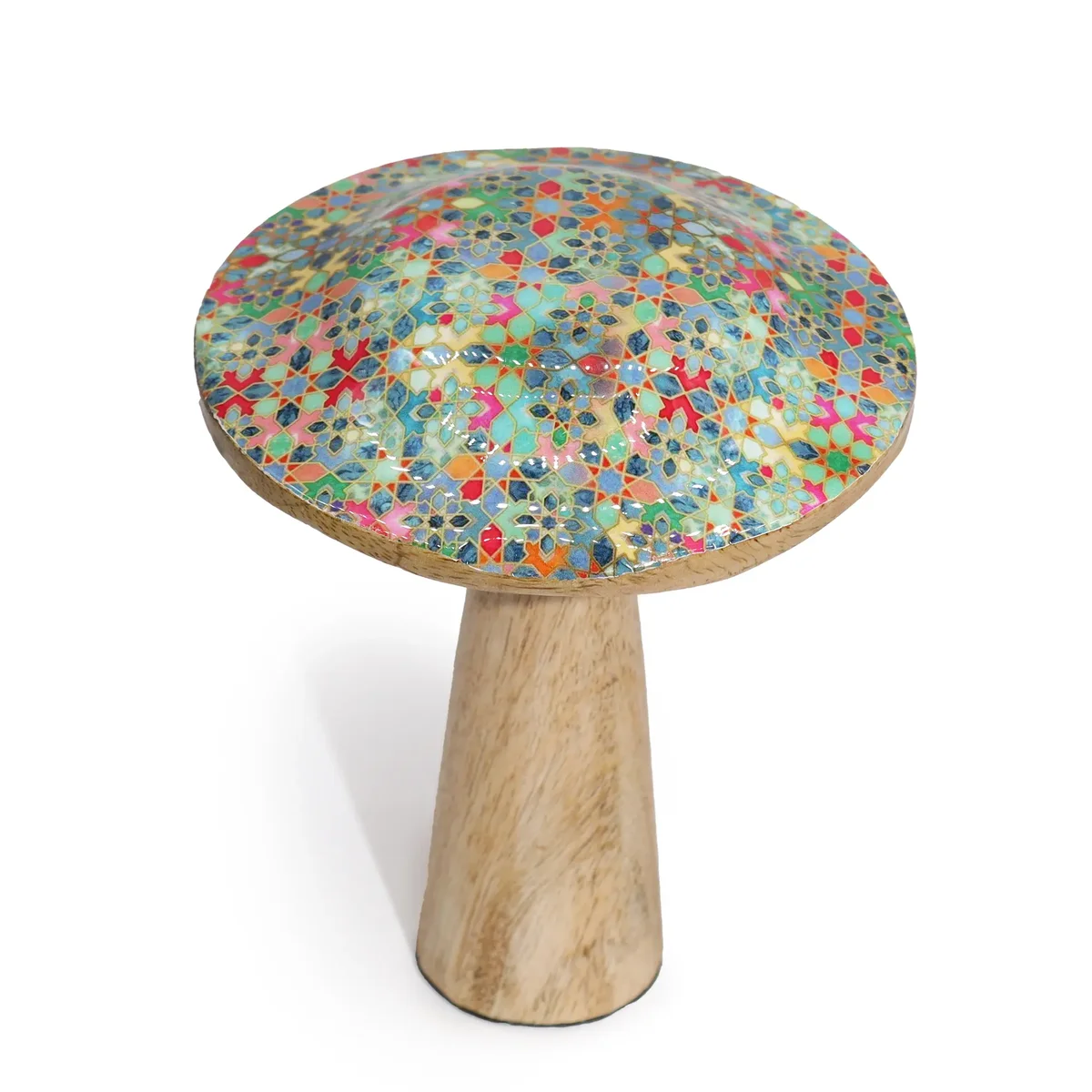 Med wooden mushroom with intricate Mediterranean tile pattern in blue and white colors on smooth surface