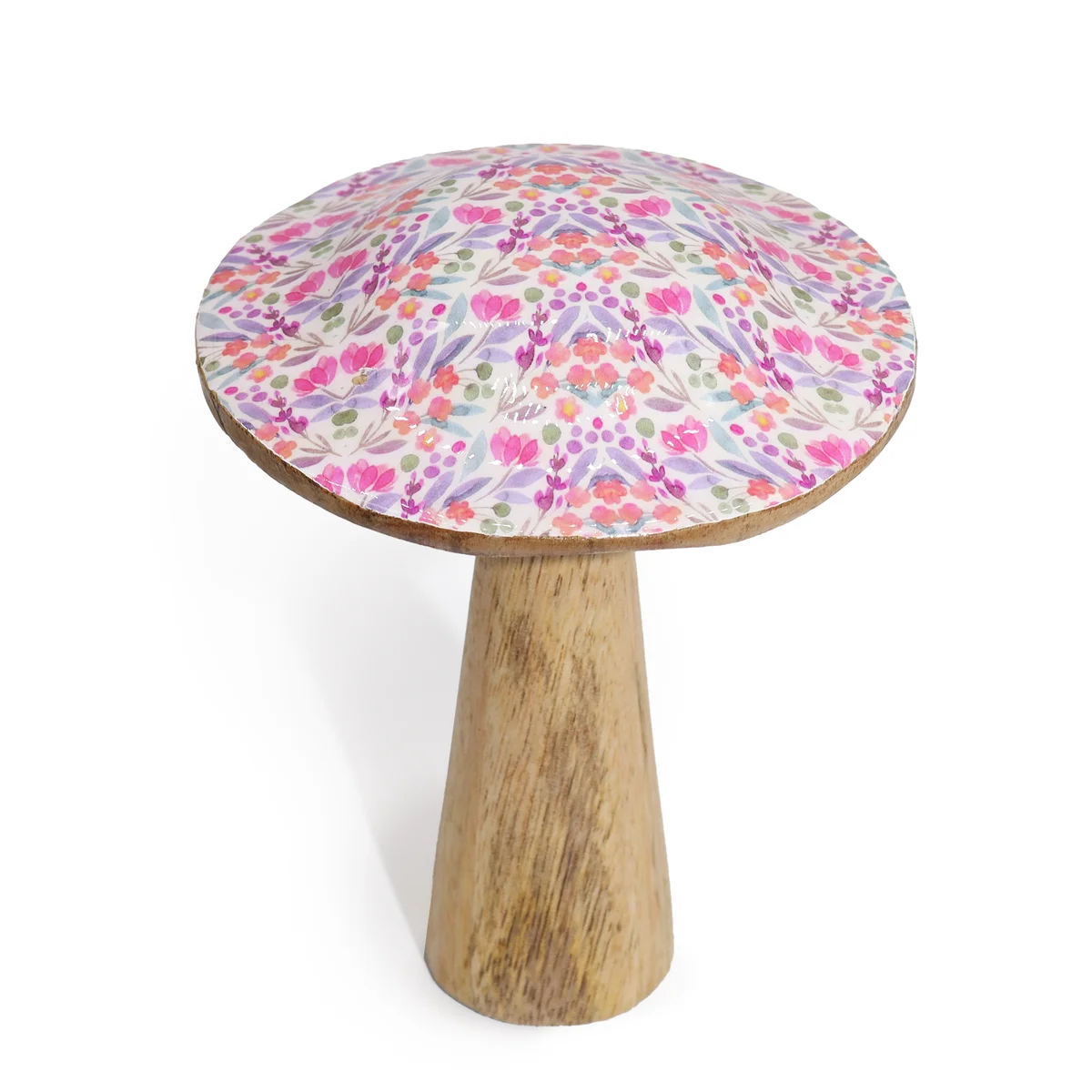 Medium wooden home ornament shaped like a mushroom with pretty floral design on its surface