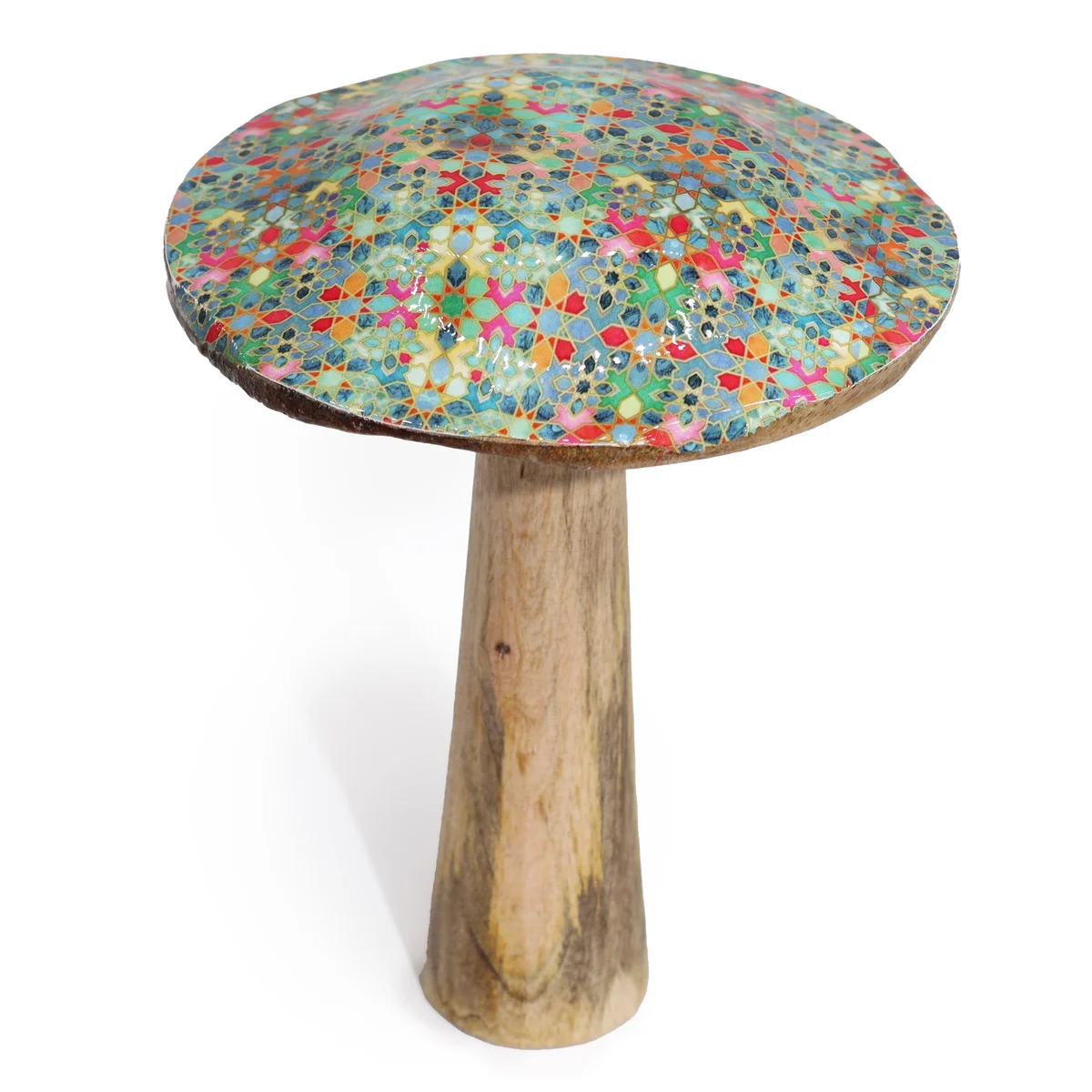 Large wooden mushroom with Mediterranean tile pattern on its cap against a white background