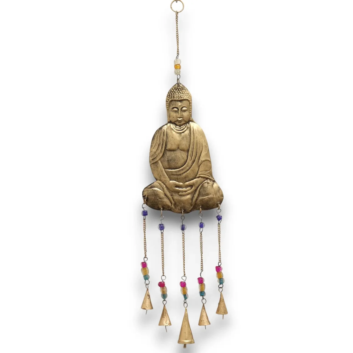 Large Buddha five-bell chimes hanging decor with intricate design, Indian chimes decor for home ambiance