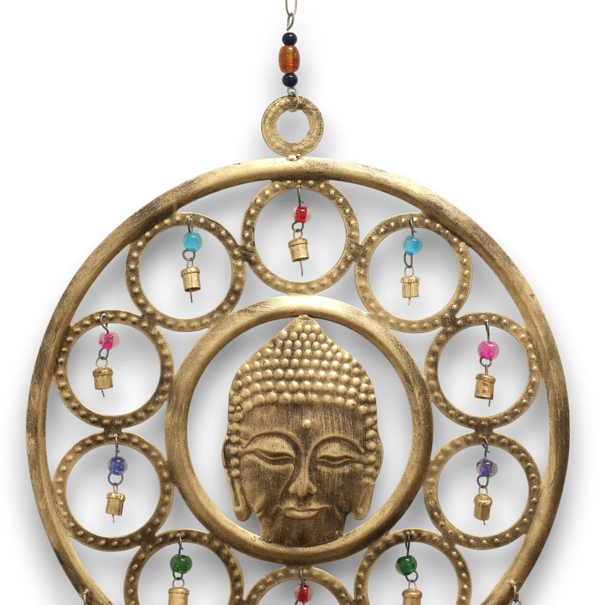 Large Buddha face wind chimes with 15 brass bells hanging from a circular frame in traditional Indian style