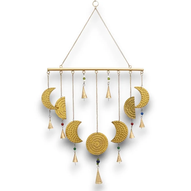 Brass moon phases chimes with crescent and full moon shapes hanging from a circular frame by Indian Chimes