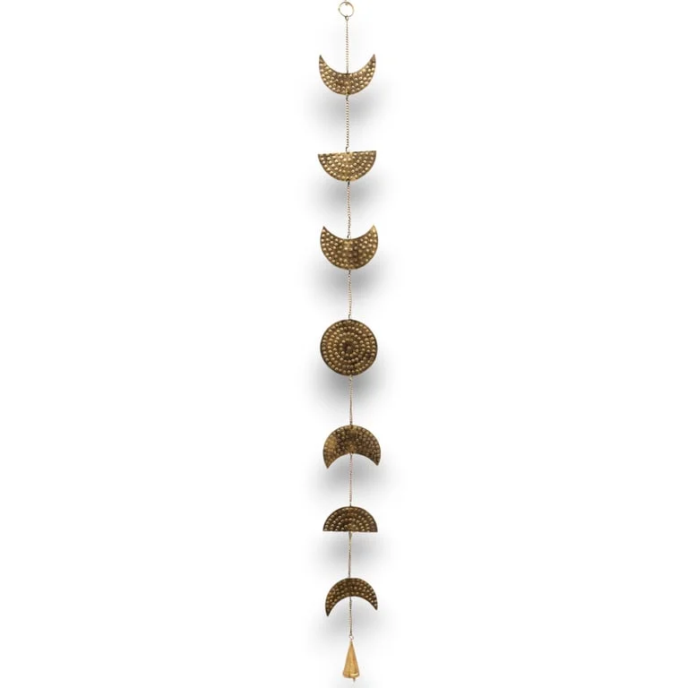 Brass moon phases wind chime with hanging crescent shapes and small bell, 25cm length, Indian chimes design