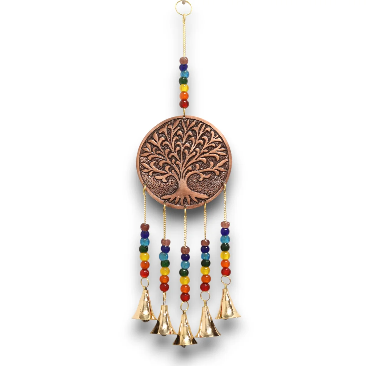 Five-bell Indian chimes with chakra beads and meditative tree of life design hanging vertically