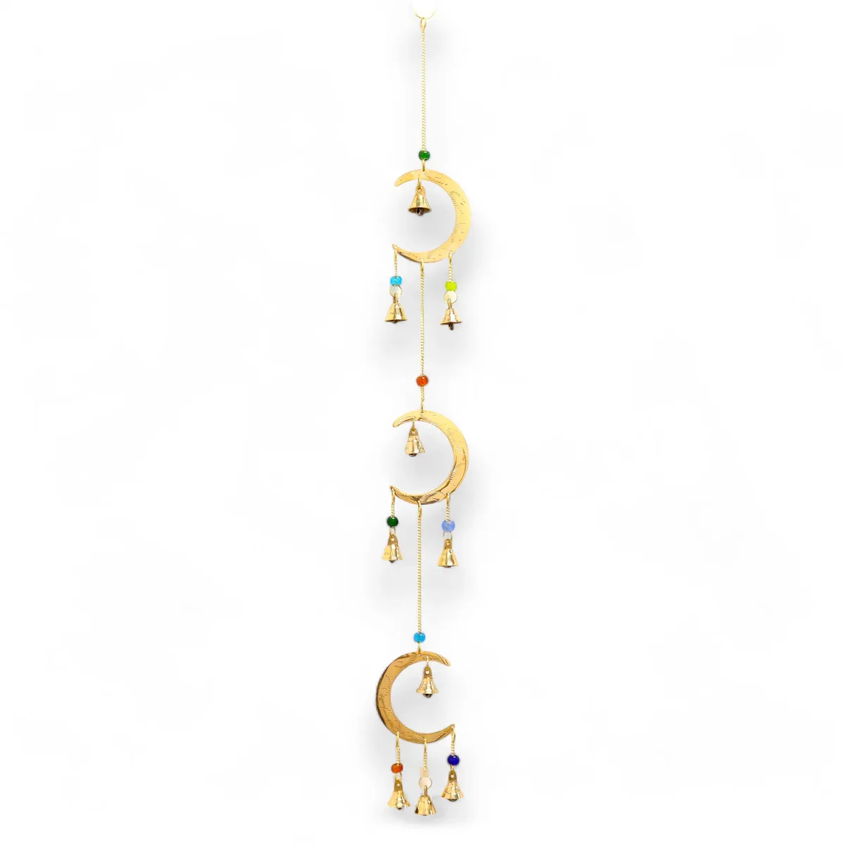 Indian Chimes Moon Drop chimes with 10 metal bells hanging in a vertical arrangement against a white background