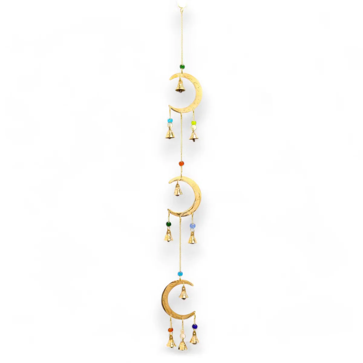 Indian Chimes Moon Drop outdoor garden chimes with 10 metal bells hanging in a row against a white background