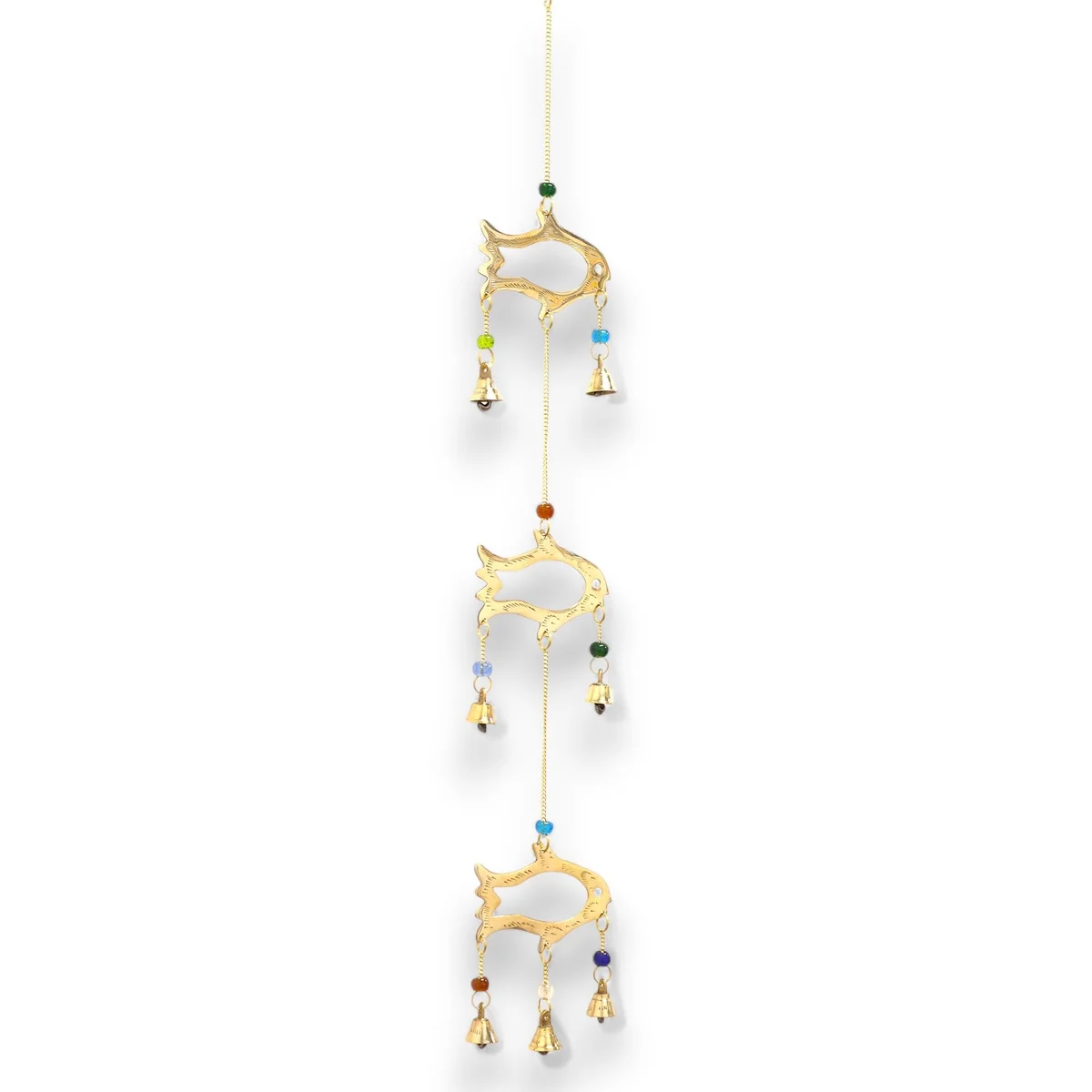Indian chimes wind chime with seven fish-shaped bells hanging vertically on a string