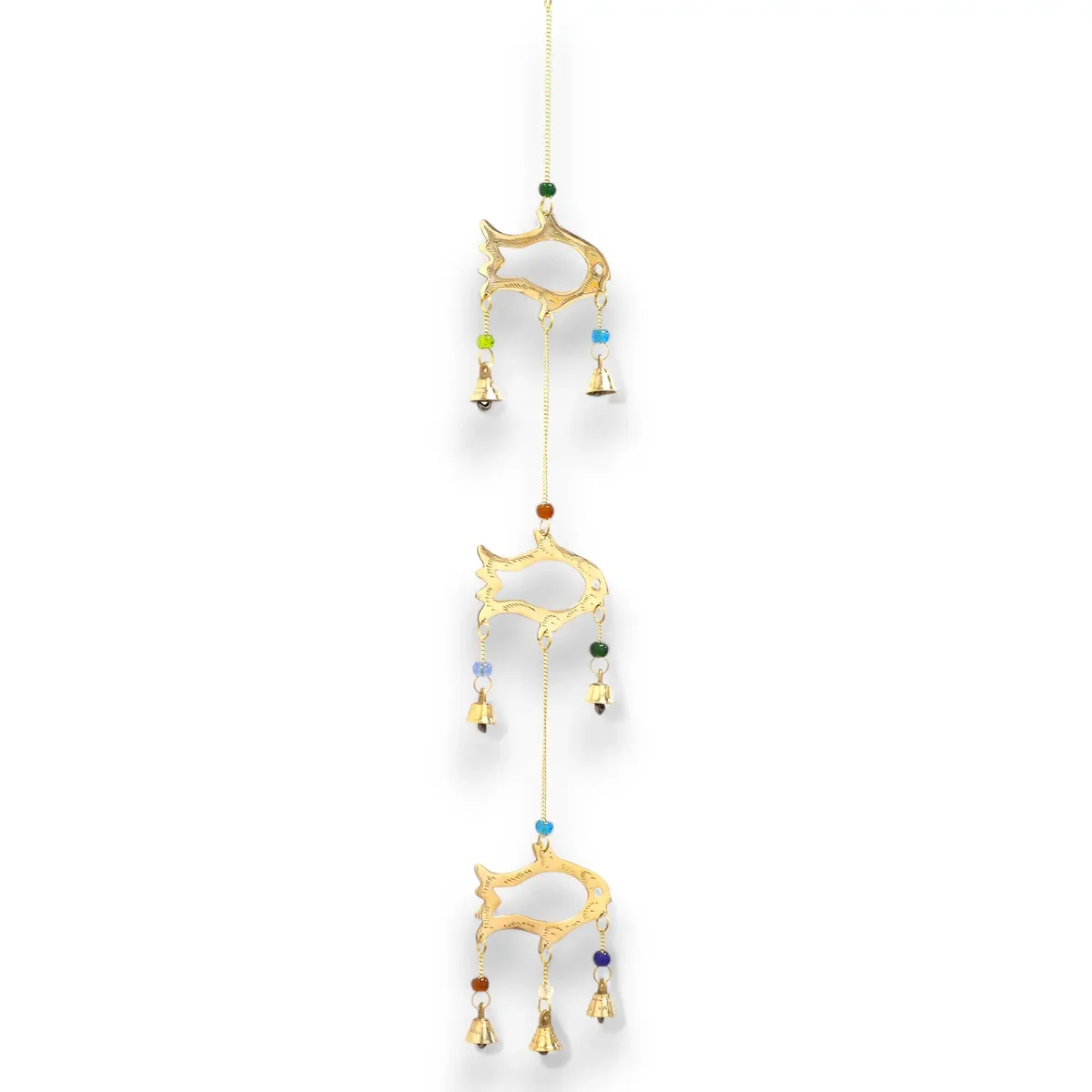 Indian Chimes 7 bell wind chime with fish drop design hanging outdoors