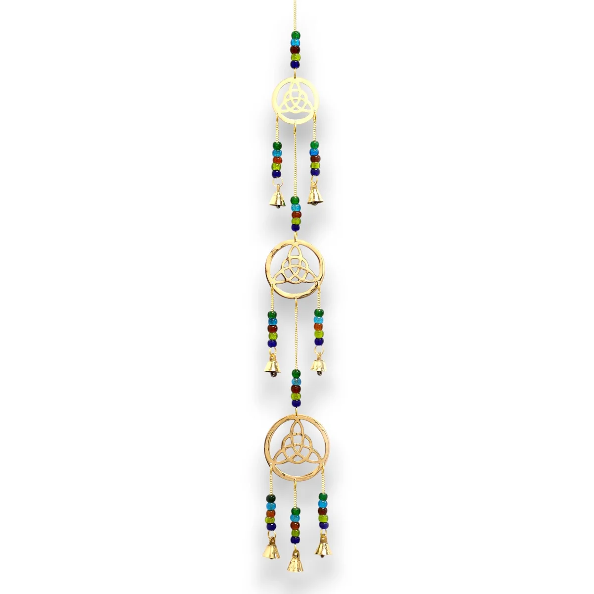 Brass wind chimes with seven Celtic-style bells hanging vertically on a decorative brass frame