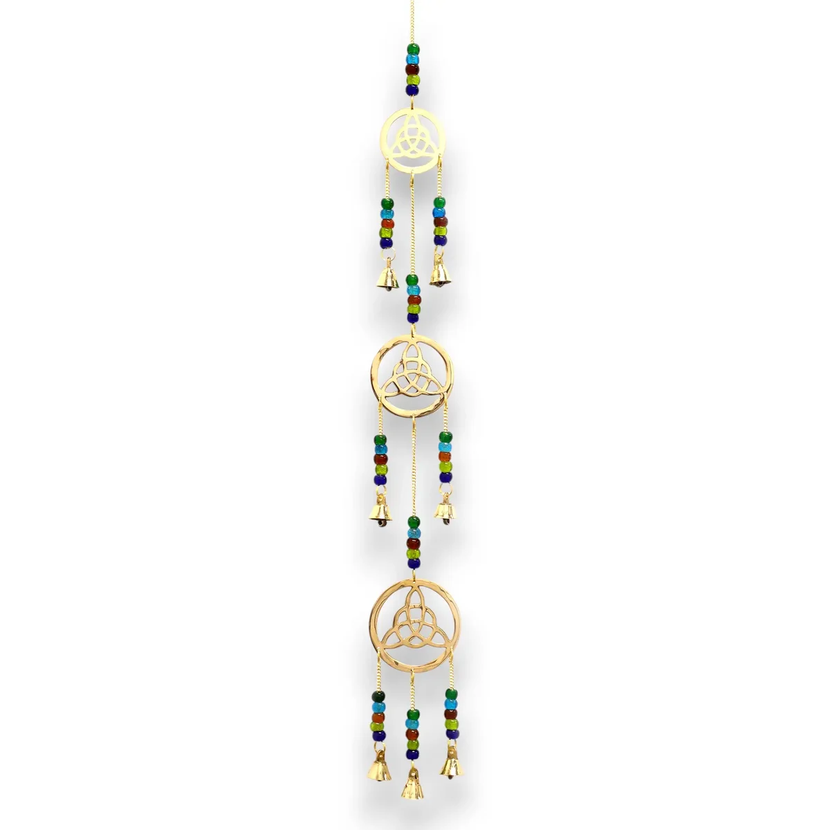 Brass Celtic wind chimes with seven hanging bells arranged in a traditional Celtic drop design