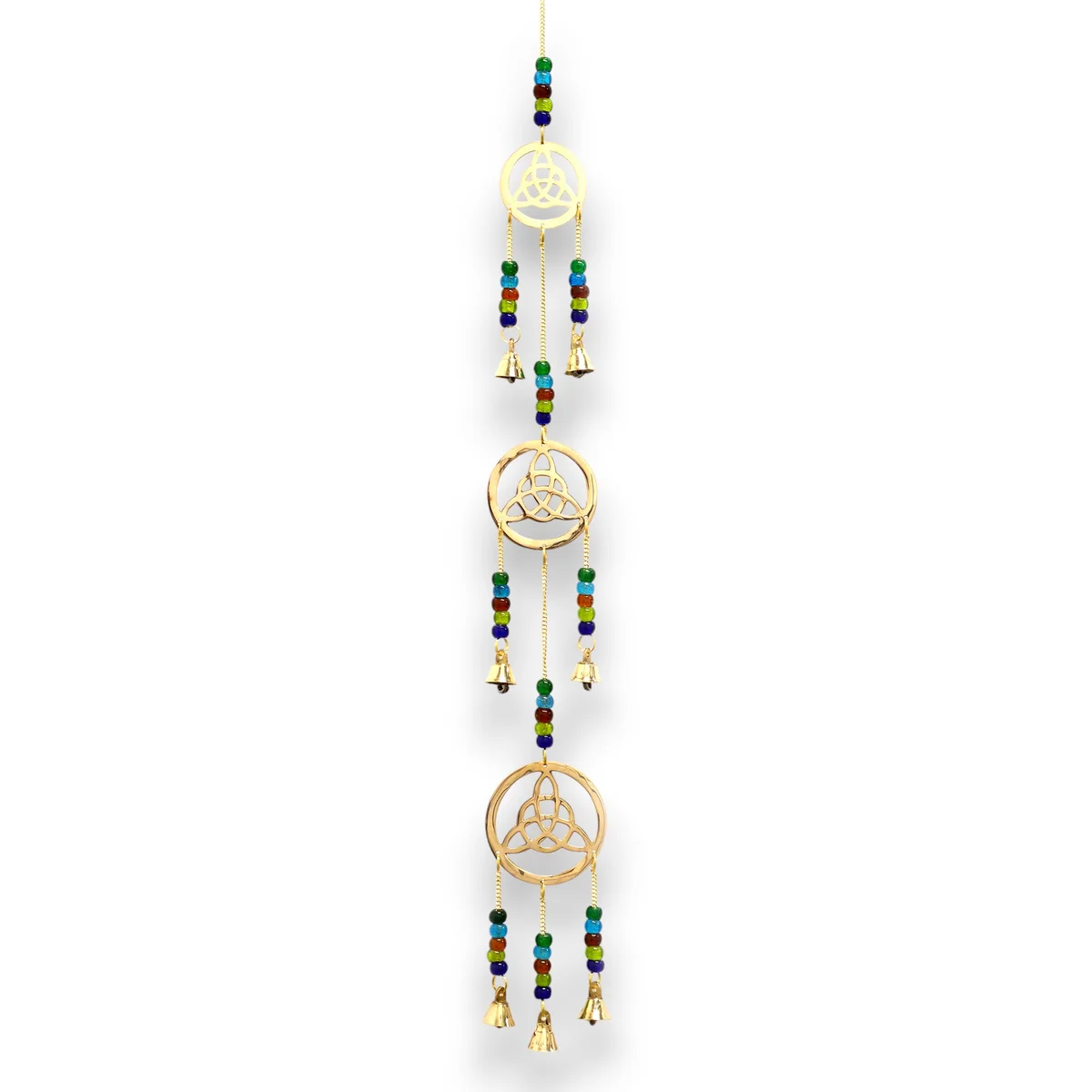 Brass Celtic drop 7 bell wind chimes with intricate design, hanging against a plain background
