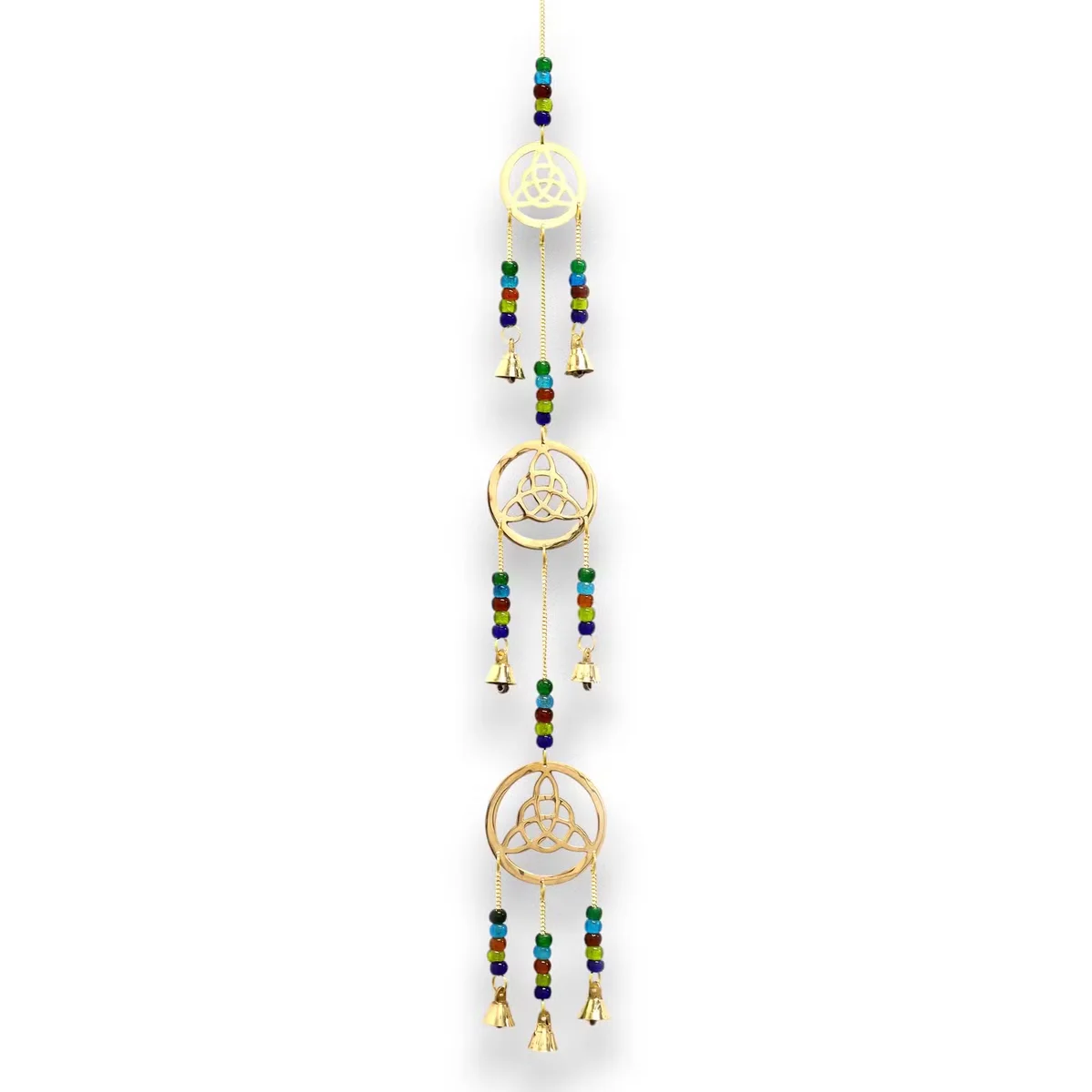 Indian brass chimes with seven brass bells arranged in a Celtic drop design hanging vertically