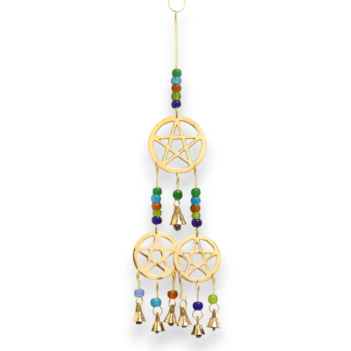 Brass wind chimes with a tri-pentagram design featuring seven hanging bells arranged in a circular pattern