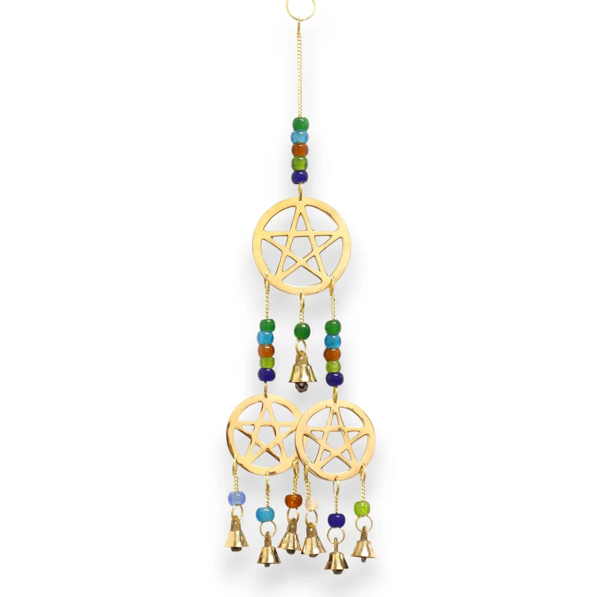 Indian chimes brass tri-pentagram with seven hanging bells arranged in a circular pattern