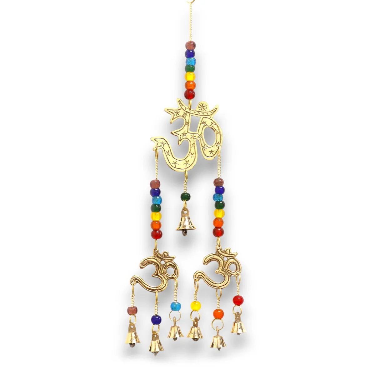 Brass Om wind chimes with seven bells and colorful chakra beads hanging on a string