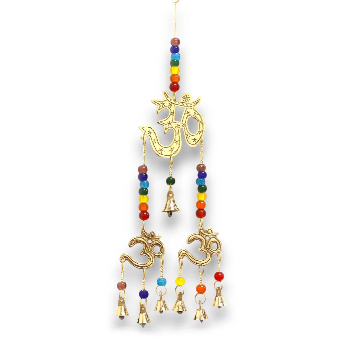 Indian chimes brass with 7 bells, brass Om symbol and colorful chakra beads hanging on a string