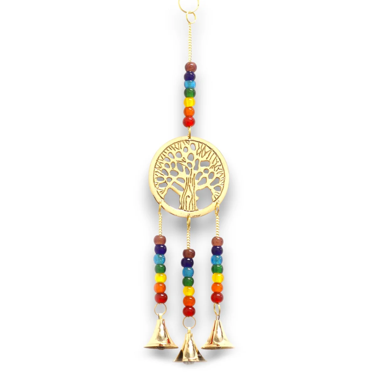 Brass tree of life wind chime with chakra beads and three hanging bells on a white background