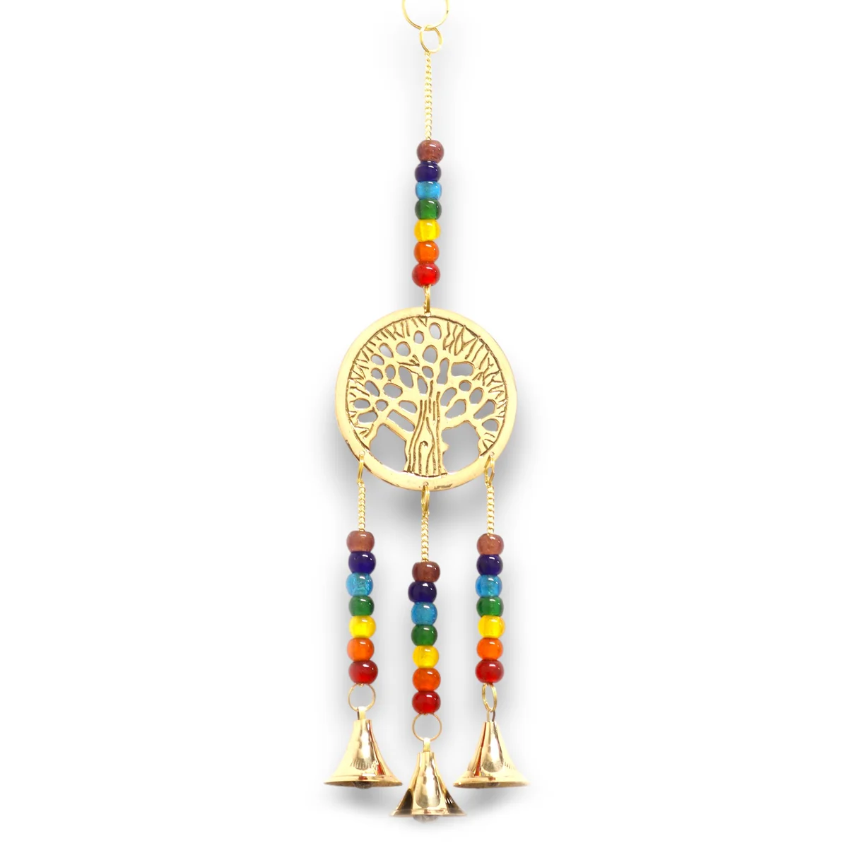 Brass Tree of Life 3 bells wind chime with colorful chakra beads hanging on chains against white background