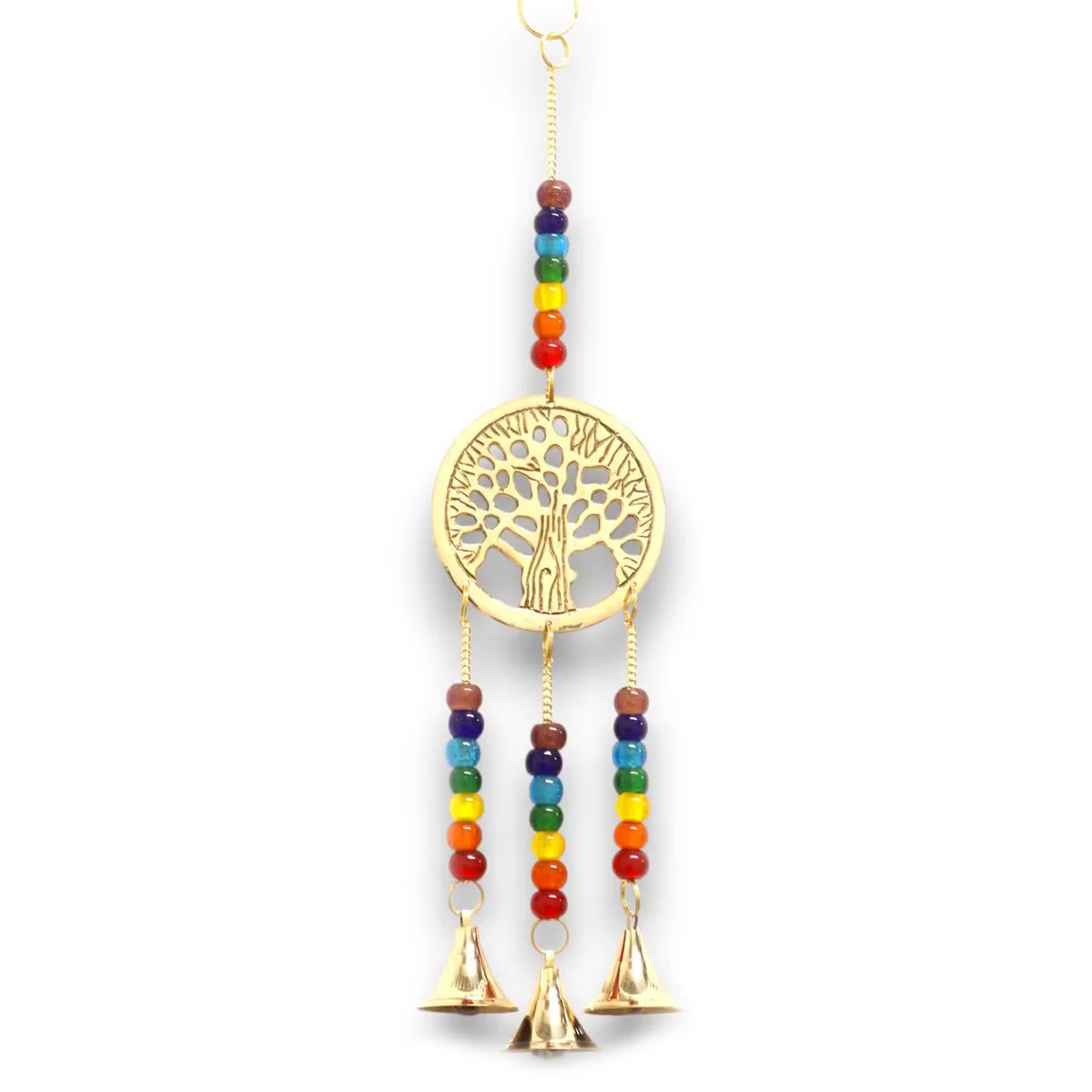 Brass Tree of Life with colorful chakra beads and three hanging bells Indian chimes decor against white background