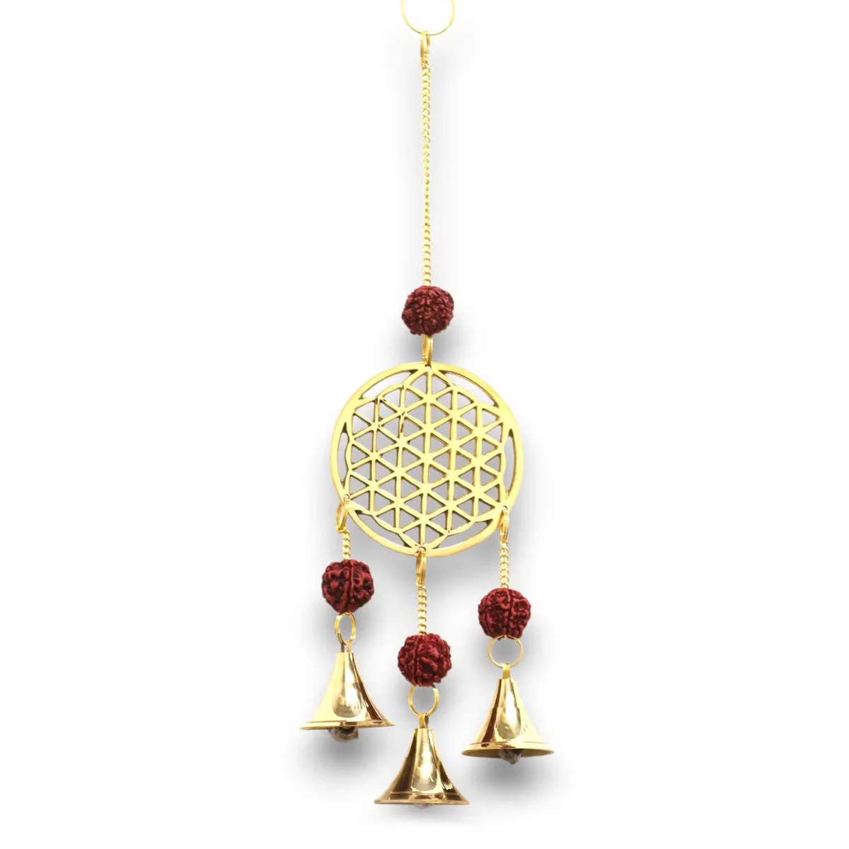 Brass Flower of Life 3 bell wind chimes with Rudraksha beads hanging against a neutral background