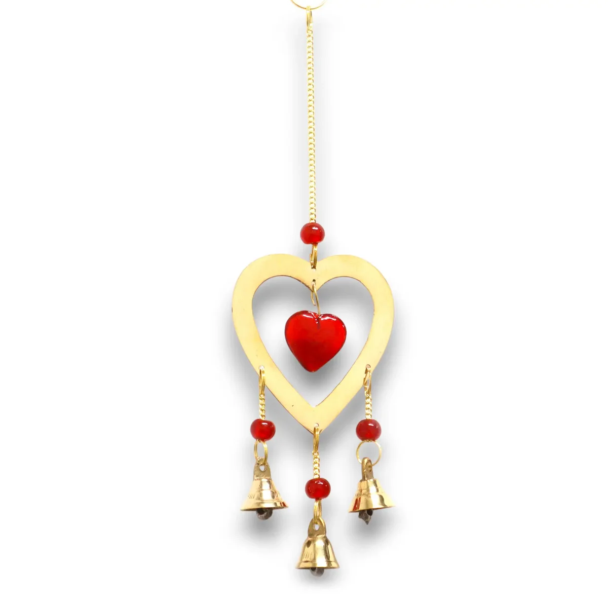 Indian wind chimes with three brass bells and ruby glass heart-shaped beads hanging vertically