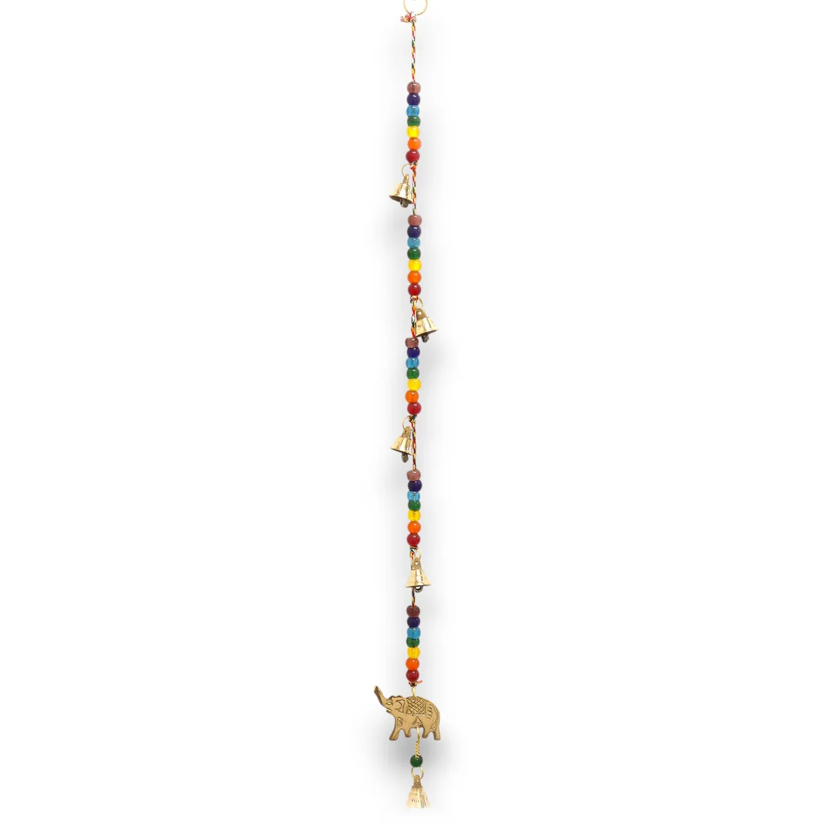 Brass elephant chimes with chakra beads and string bells hanging, measuring 53cm in length