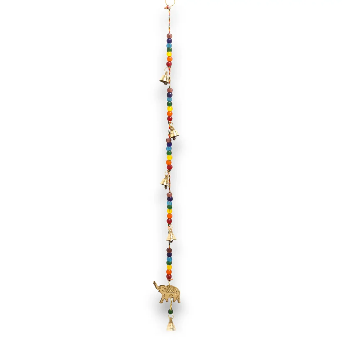 Brass elephant with chakra beads string bells hanging, Indian chimes measuring 53cm in length