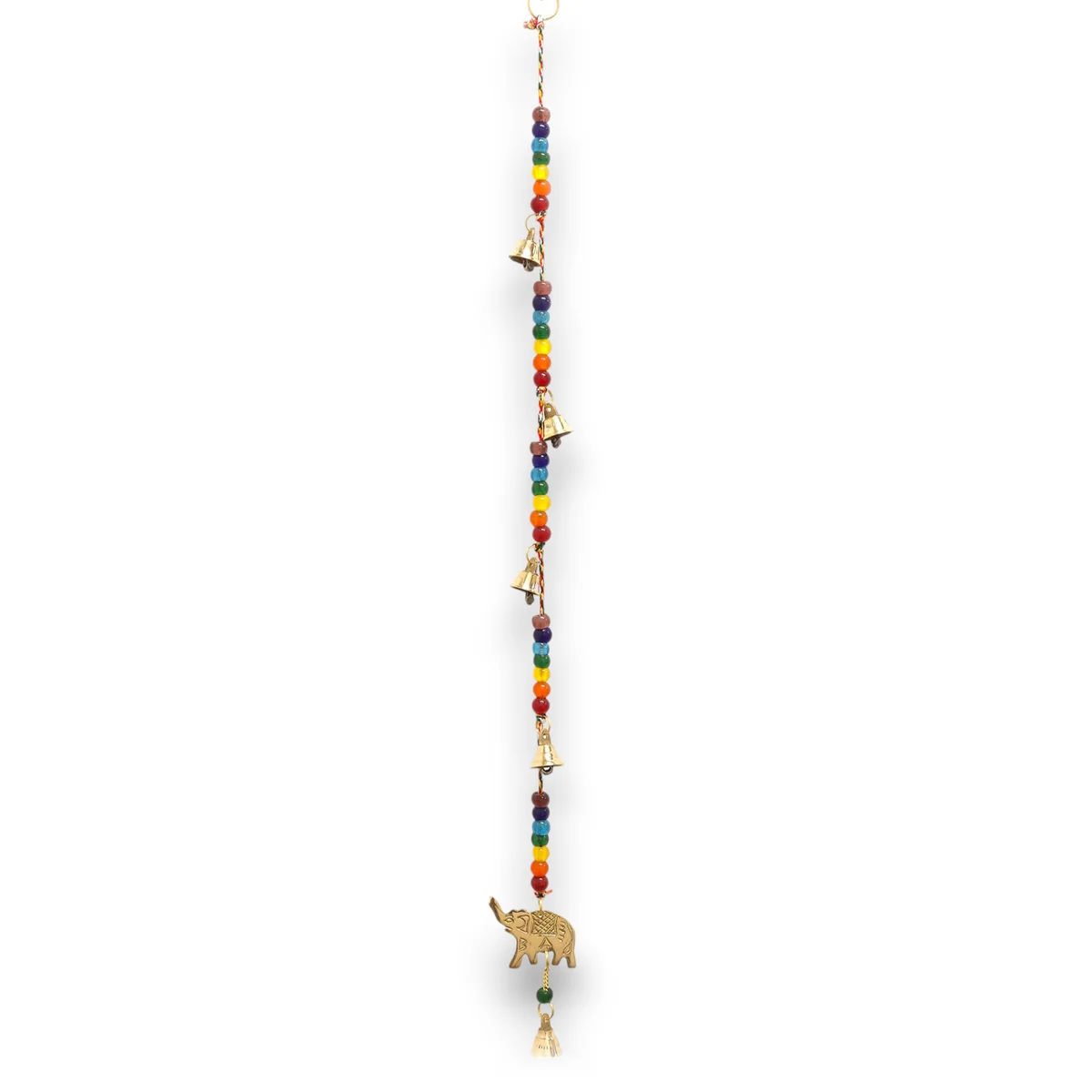 Indian brass chimes featuring a brass elephant and colorful chakra beads on a 53cm string with hanging bells