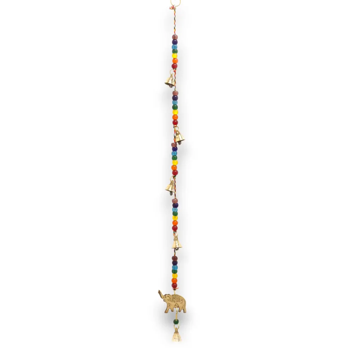 Brass elephant decorative wall chimes with multicolored chakra beads and small hanging bells, 53cm long