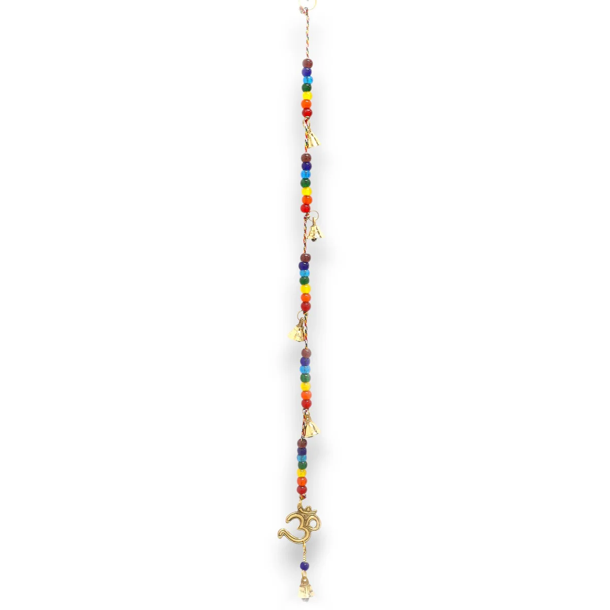 Brass OM wind chimes with chakra beads on a 53cm string, featuring small hanging bells