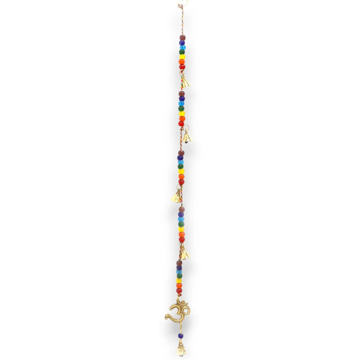Brass OM symbol with colorful chakra beads wind chimes hanging on a 53cm string with small bells