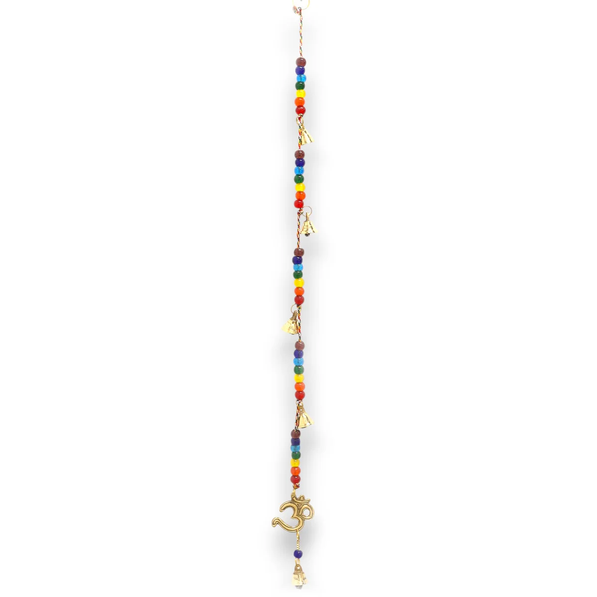 Indian brass chimes with a brass OM bell and colorful chakra beads on a 53cm string hanging vertically