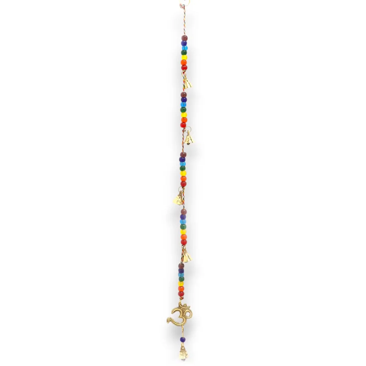 Brass OM symbol with multicolored chakra beads on a 53cm string bells decoration hanging indoors