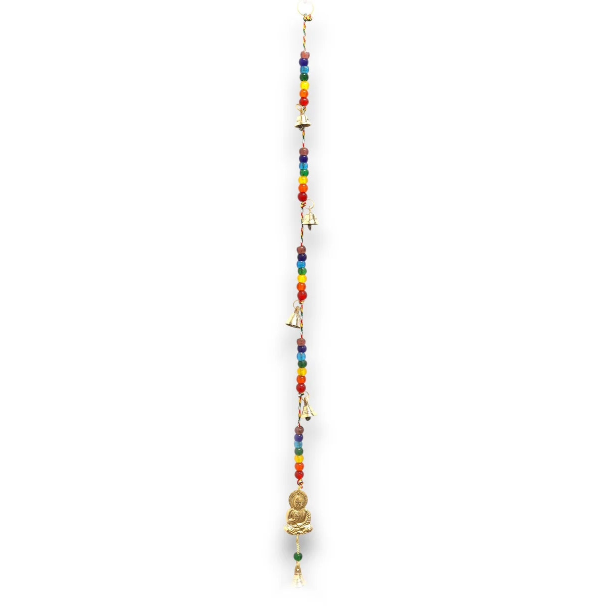 Brass Buddha chimes with chakra bead string and hanging bells, measuring 53cm in length