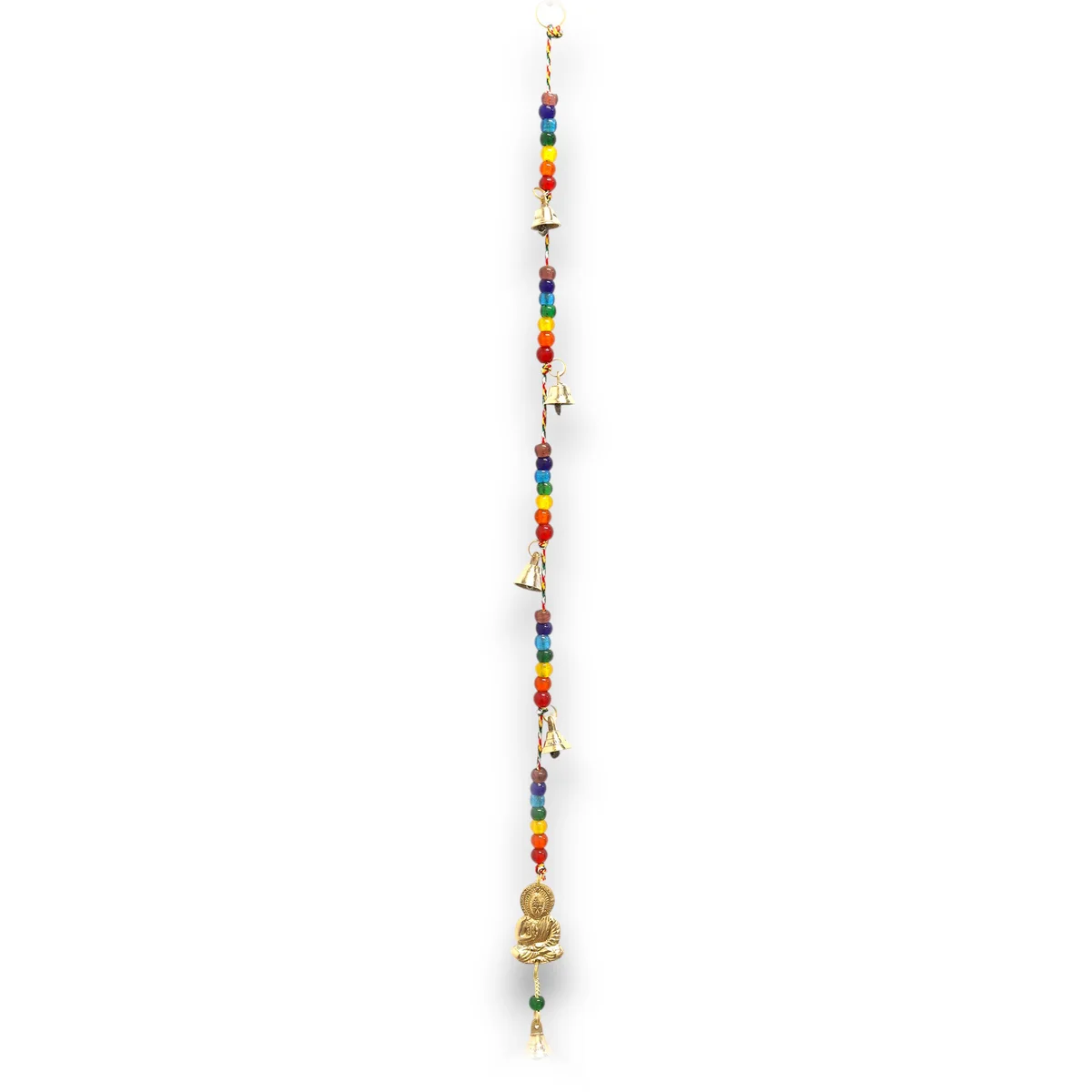 Indian brass chimes featuring a brass Buddha and colorful chakra bead string bells, 53cm long