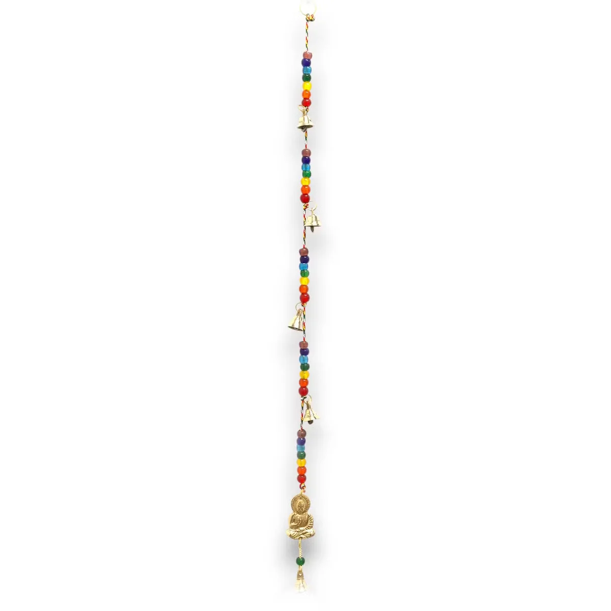 Brass Buddha with colorful chakra beads on decorative string bells measuring 53cm, Indian Chimes style